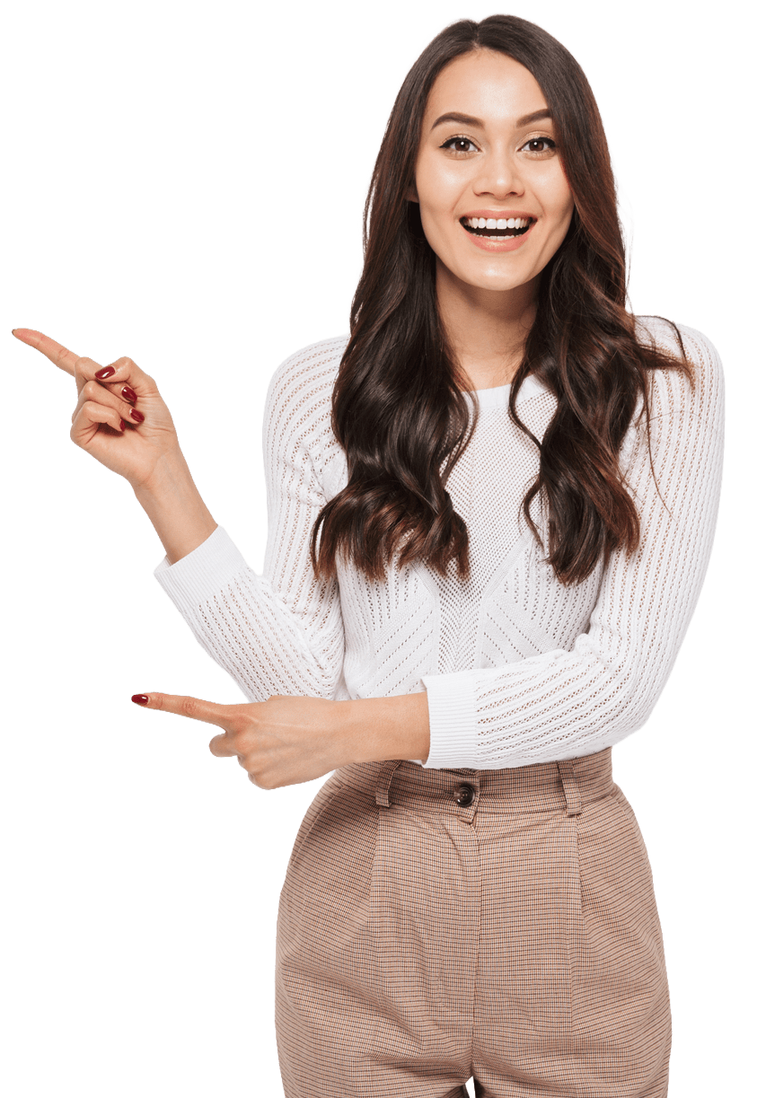 Smiling woman in a white sweater points to the side, showcasing enthusiasm, likely promoting a product or service.